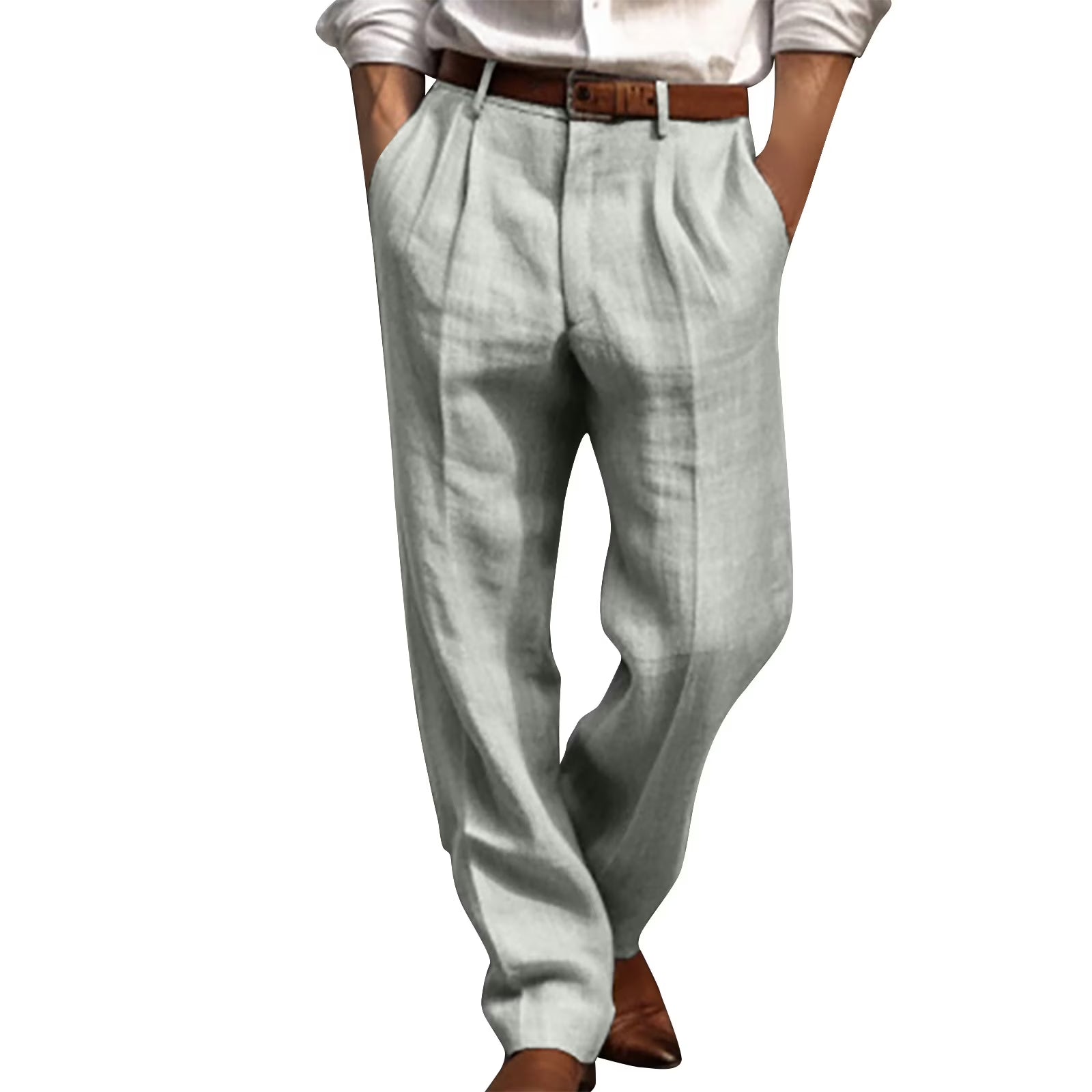 Cotton Linen Pants for Men Pleated Front Trouser Straight Leg Suit Trousers Solid Color Office Trouser Lightweight Linen Pant