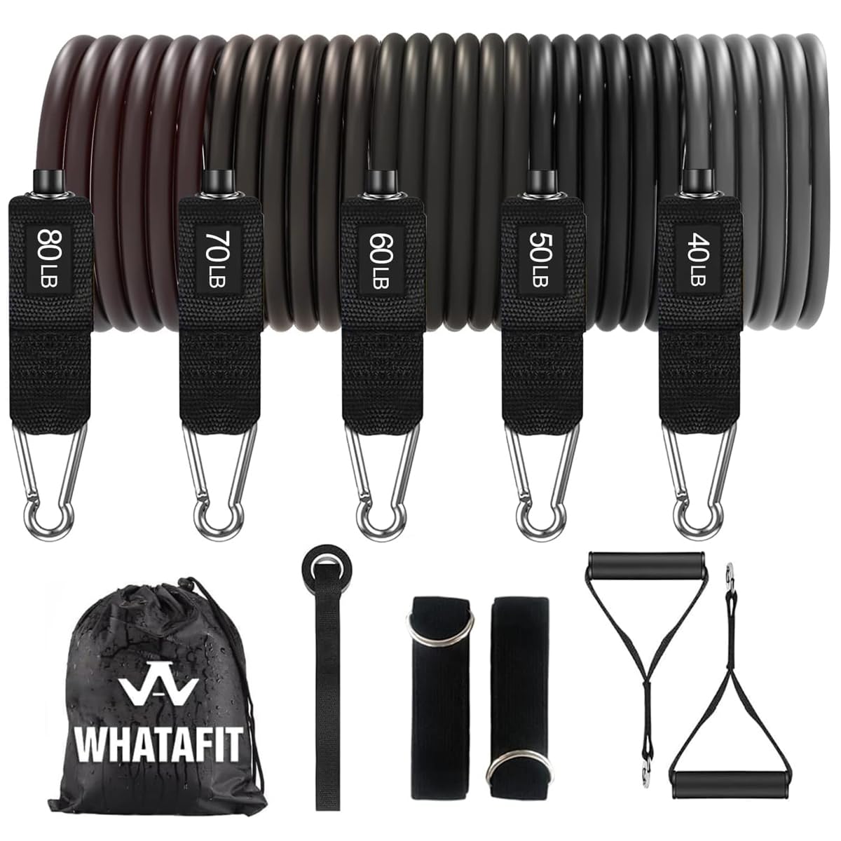WHATAFIT Resistance Bands, Exercise Bands, Workout Bands with Handles, Door Anchor and Ankle Straps, 5 Resistance Levels Fitness Bands for Strength Training, Physical Therapy, and Home Gym Equipment