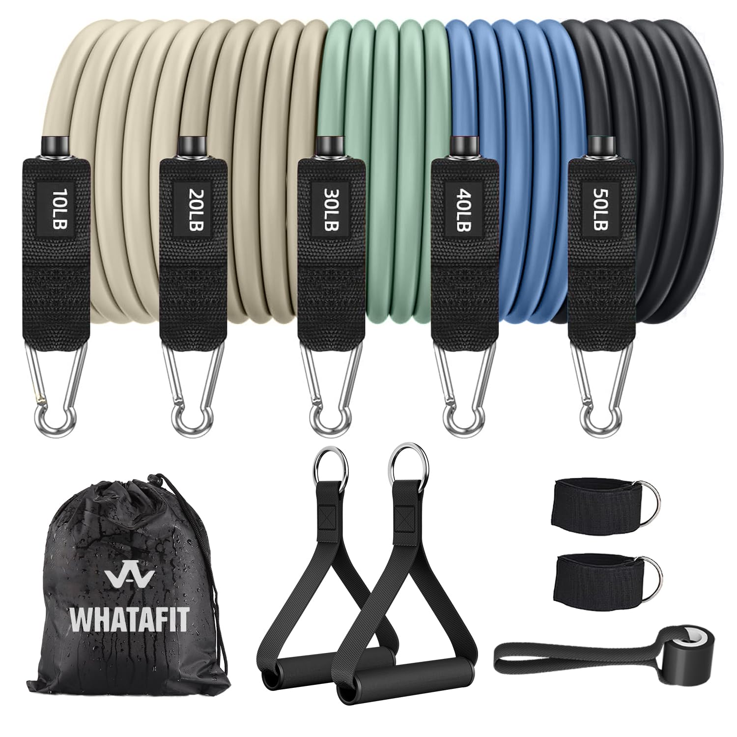 WHATAFIT Resistance Bands, Exercise Bands, Workout Bands with Handles, Door Anchor and Ankle Straps, 5 Resistance Levels Fitness Bands for Strength Training, Physical Therapy, and Home Gym Equipment