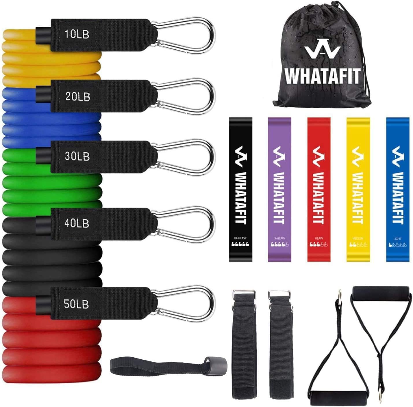 WHATAFIT Resistance Bands, Exercise Bands, Workout Bands with Handles, Door Anchor and Ankle Straps, 5 Resistance Levels Fitness Bands for Strength Training, Physical Therapy, and Home Gym Equipment