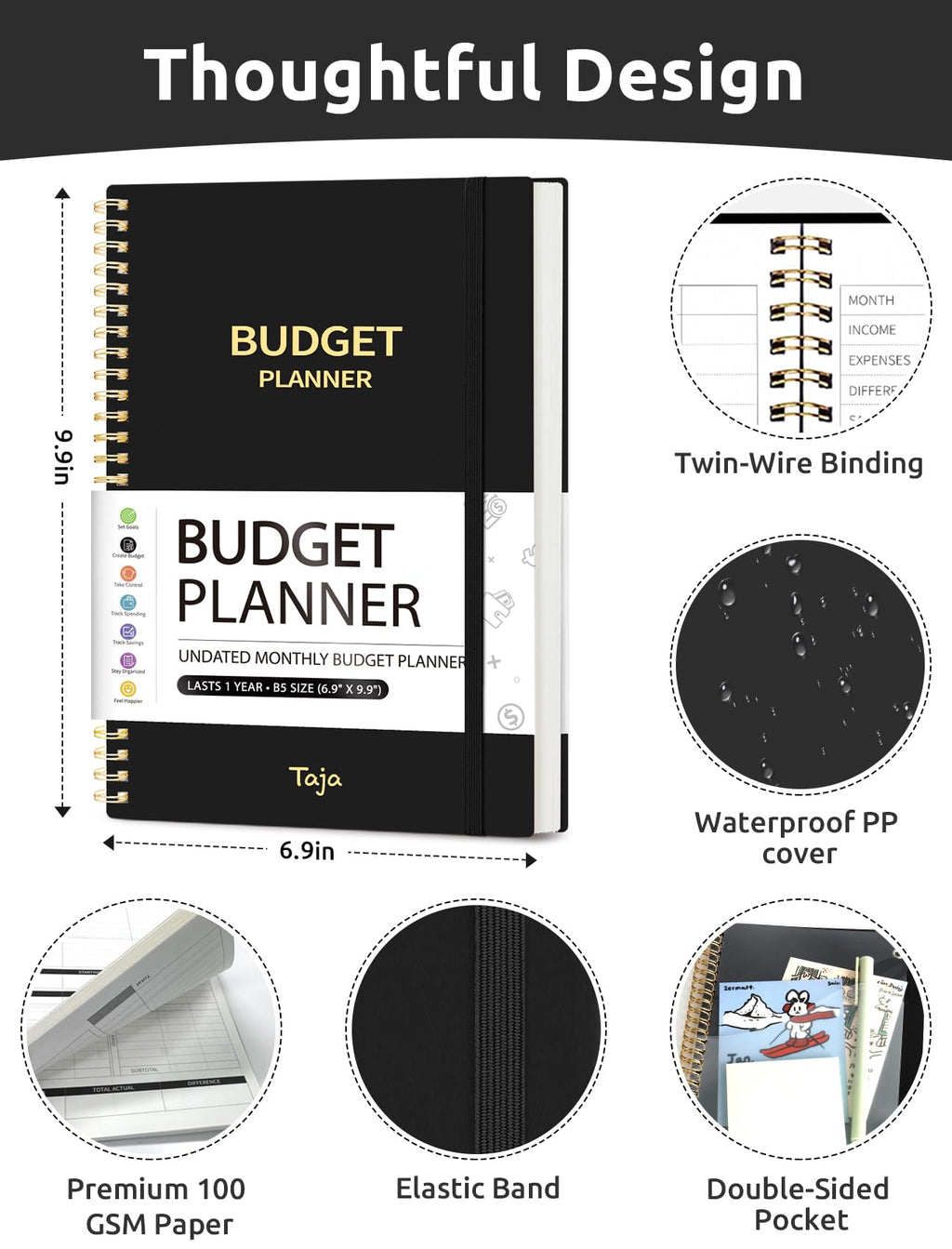 Budget Planner - Monthly Budget Book with Expense Tracker Notebook, Undated Bill Organizer & Finance Planner to Take Control of Your Money, Account Book to Manage Your Finances-Black
