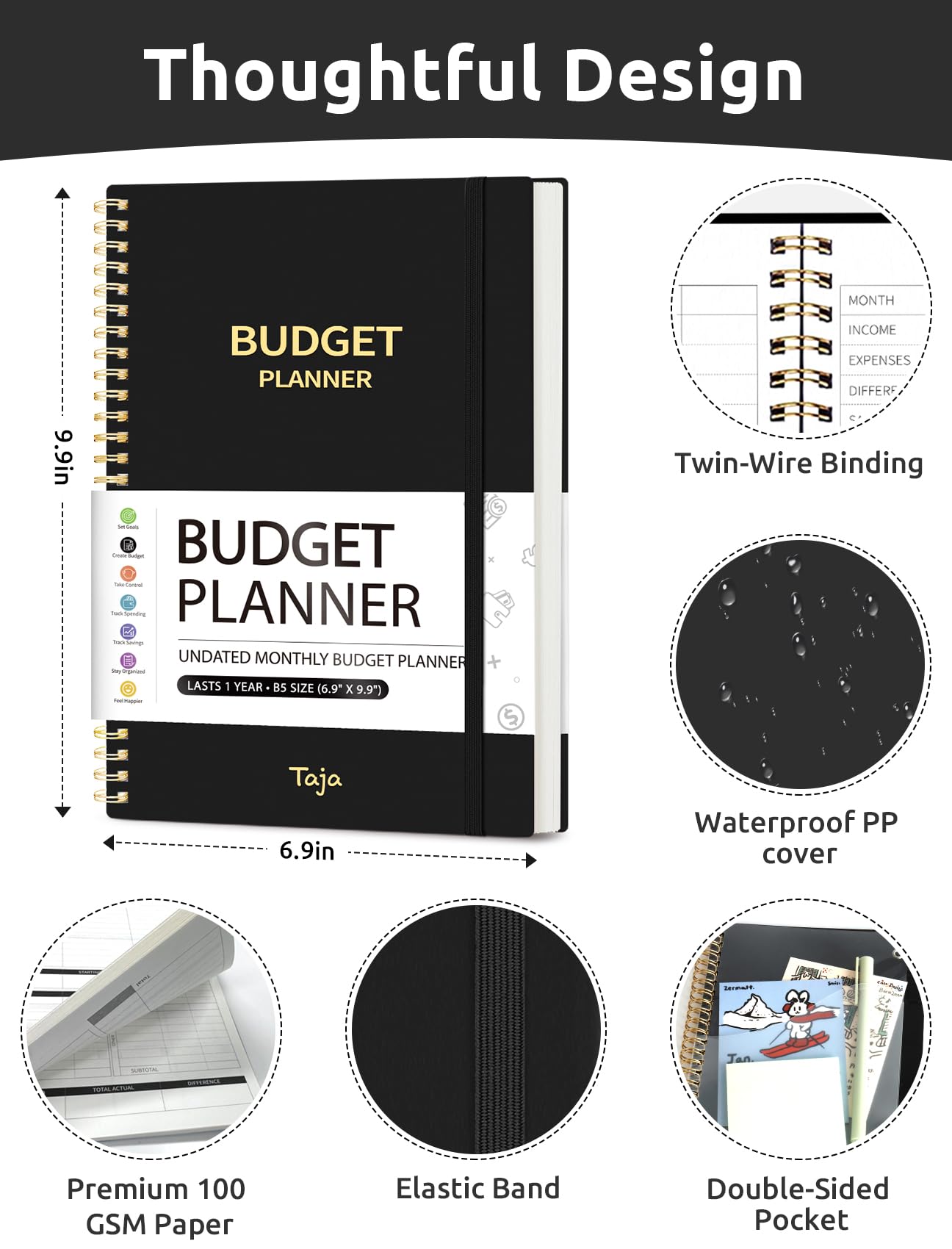Budget Planner - Monthly Budget Book with Expense Tracker Notebook, Undated Bill Organizer & Finance Planner to Take Control of Your Money, Account Book to Manage Your Finances-Black