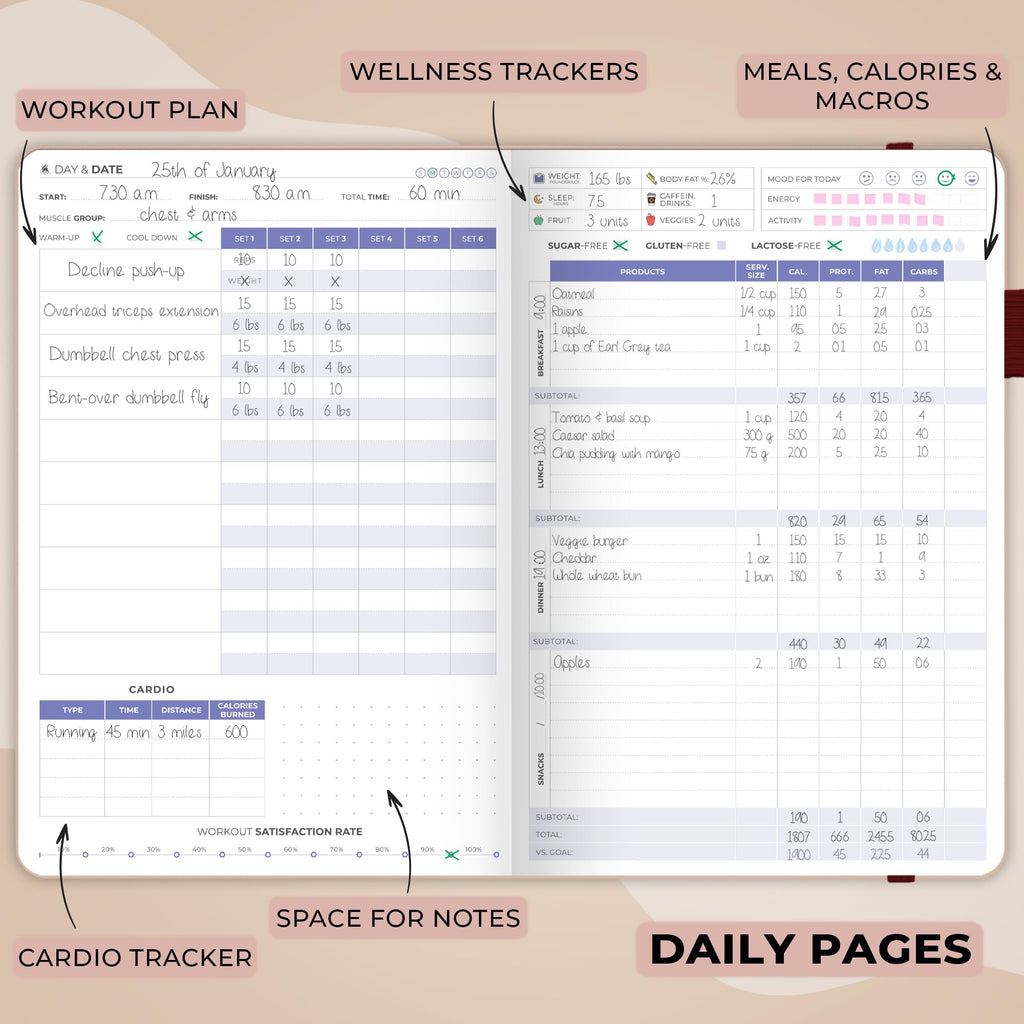Clever Fox Fitness & Food Journal – Nutrition & Workout Planner for Women & Men – Diet & Gym Exercise Log Book with Calendars, Diet & Training Trackers - Undated, A5 Size, Hardcover (Grey)
