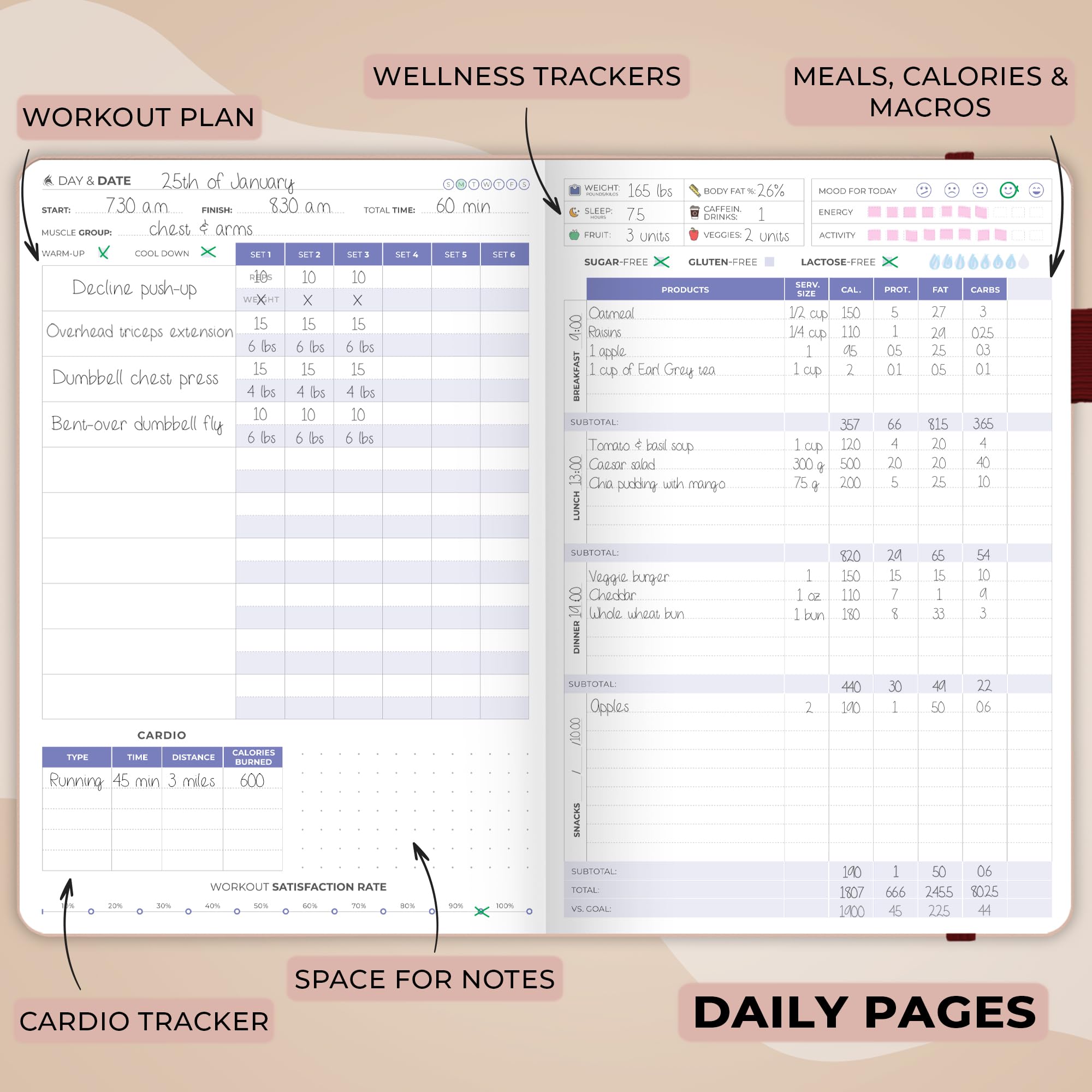 Clever Fox Fitness & Food Journal – Nutrition & Workout Planner for Women & Men – Diet & Gym Exercise Log Book with Calendars, Diet & Training Trackers - Undated, A5 Size, Hardcover (Grey)