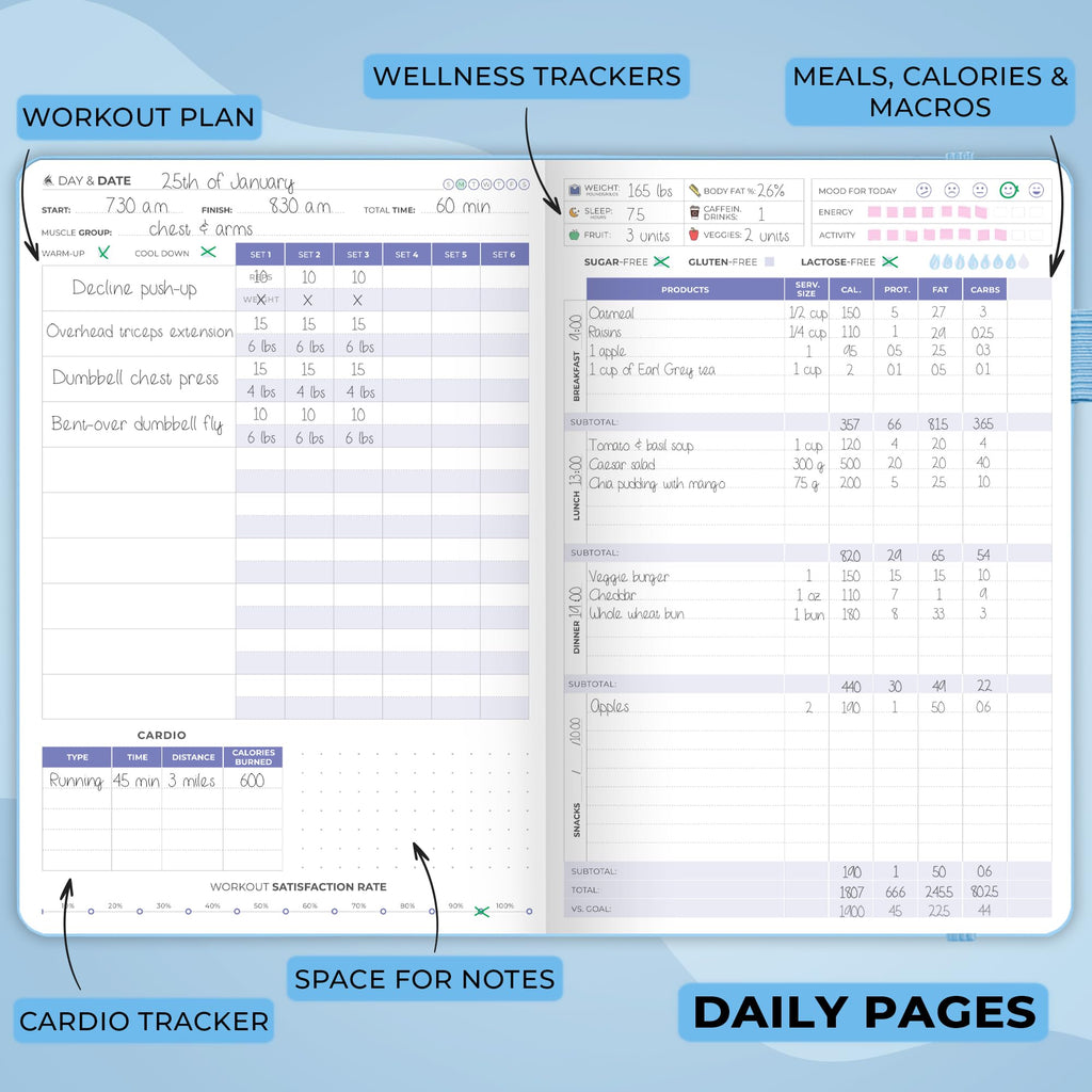 Clever Fox Fitness & Food Journal – Nutrition & Workout Planner for Women & Men – Diet & Gym Exercise Log Book with Calendars, Diet & Training Trackers - Undated, A5 Size, Hardcover (Grey)