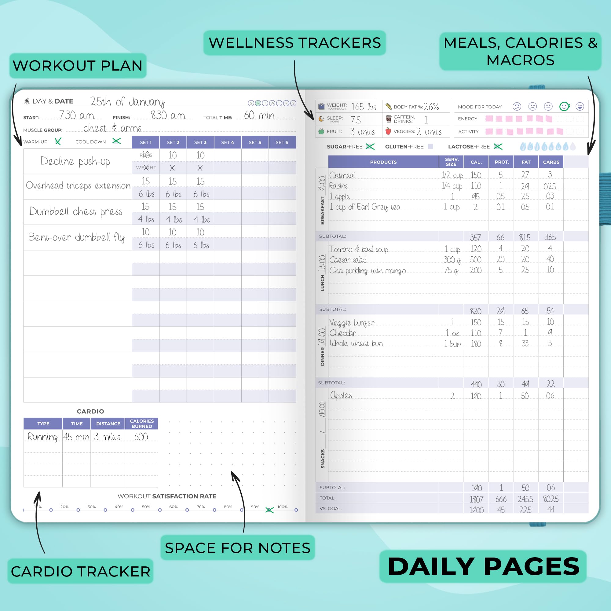 Clever Fox Fitness & Food Journal – Nutrition & Workout Planner for Women & Men – Diet & Gym Exercise Log Book with Calendars, Diet & Training Trackers - Undated, A5 Size, Hardcover (Grey)