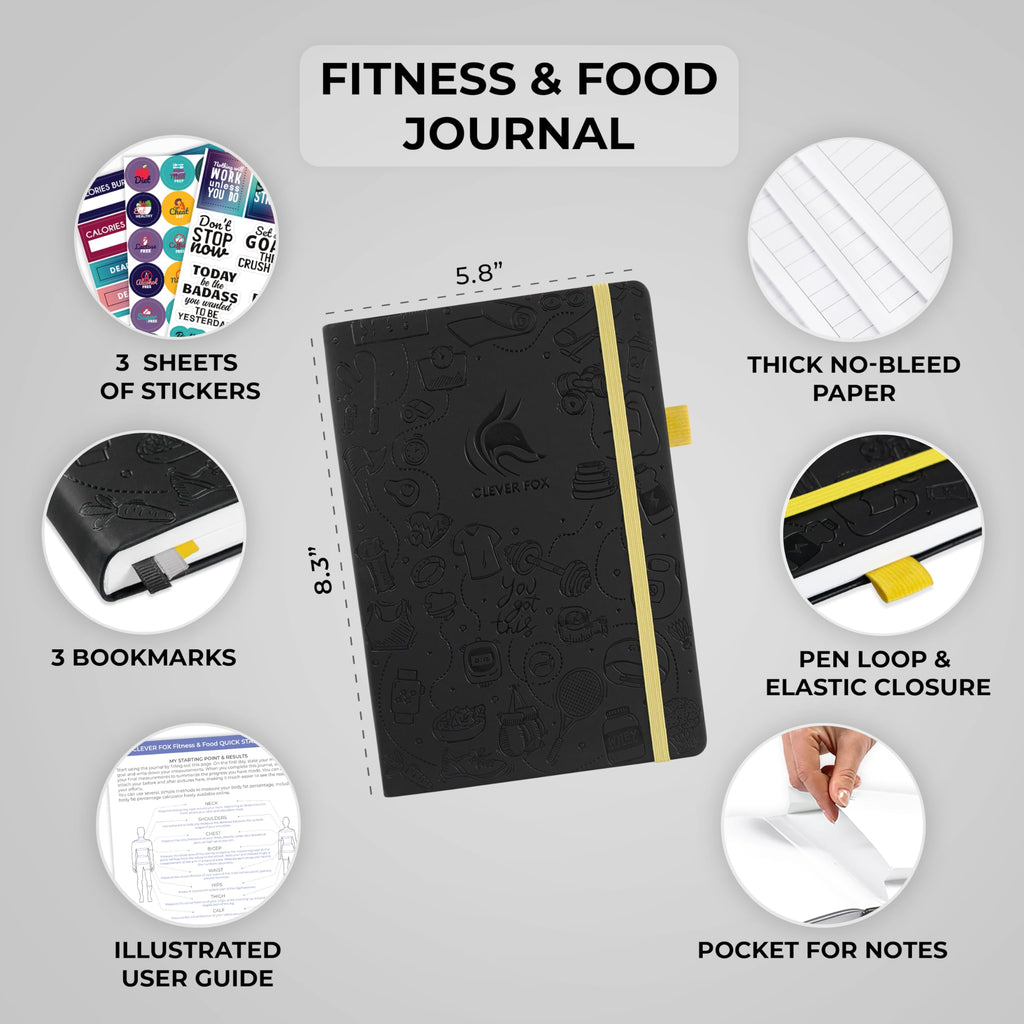 Clever Fox Fitness & Food Journal – Nutrition & Workout Planner for Women & Men – Diet & Gym Exercise Log Book with Calendars, Diet & Training Trackers - Undated, A5 Size, Hardcover (Grey)