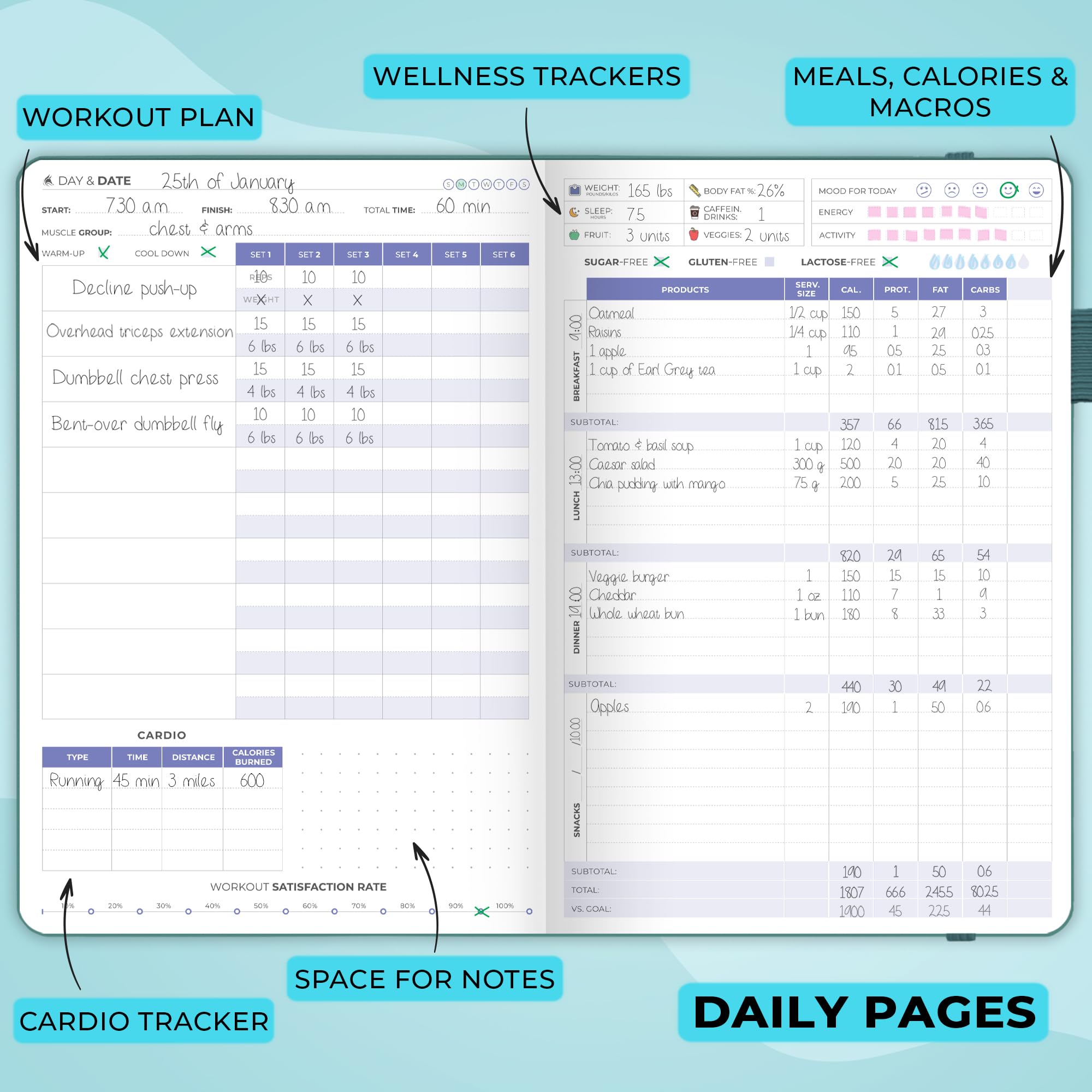 Clever Fox Fitness & Food Journal – Nutrition & Workout Planner for Women & Men – Diet & Gym Exercise Log Book with Calendars, Diet & Training Trackers - Undated, A5 Size, Hardcover (Grey)