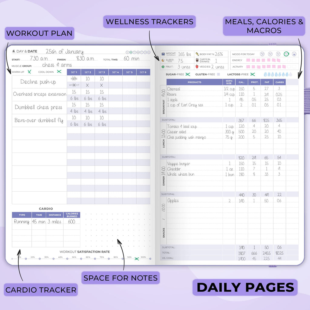 Clever Fox Fitness & Food Journal – Nutrition & Workout Planner for Women & Men – Diet & Gym Exercise Log Book with Calendars, Diet & Training Trackers - Undated, A5 Size, Hardcover (Grey)