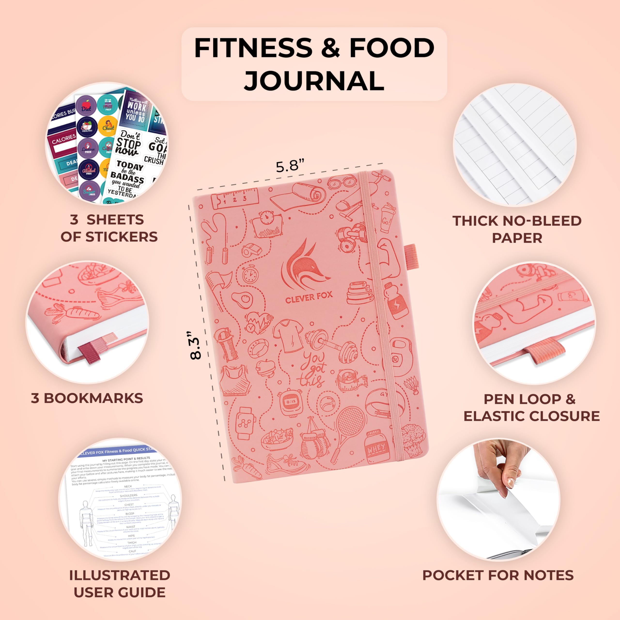 Clever Fox Fitness & Food Journal – Nutrition & Workout Planner for Women & Men – Diet & Gym Exercise Log Book with Calendars, Diet & Training Trackers - Undated, A5 Size, Hardcover (Grey)
