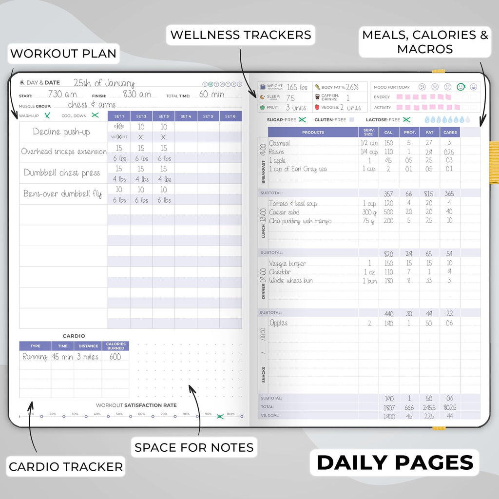 Clever Fox Fitness & Food Journal – Nutrition & Workout Planner for Women & Men – Diet & Gym Exercise Log Book with Calendars, Diet & Training Trackers - Undated, A5 Size, Hardcover (Grey)