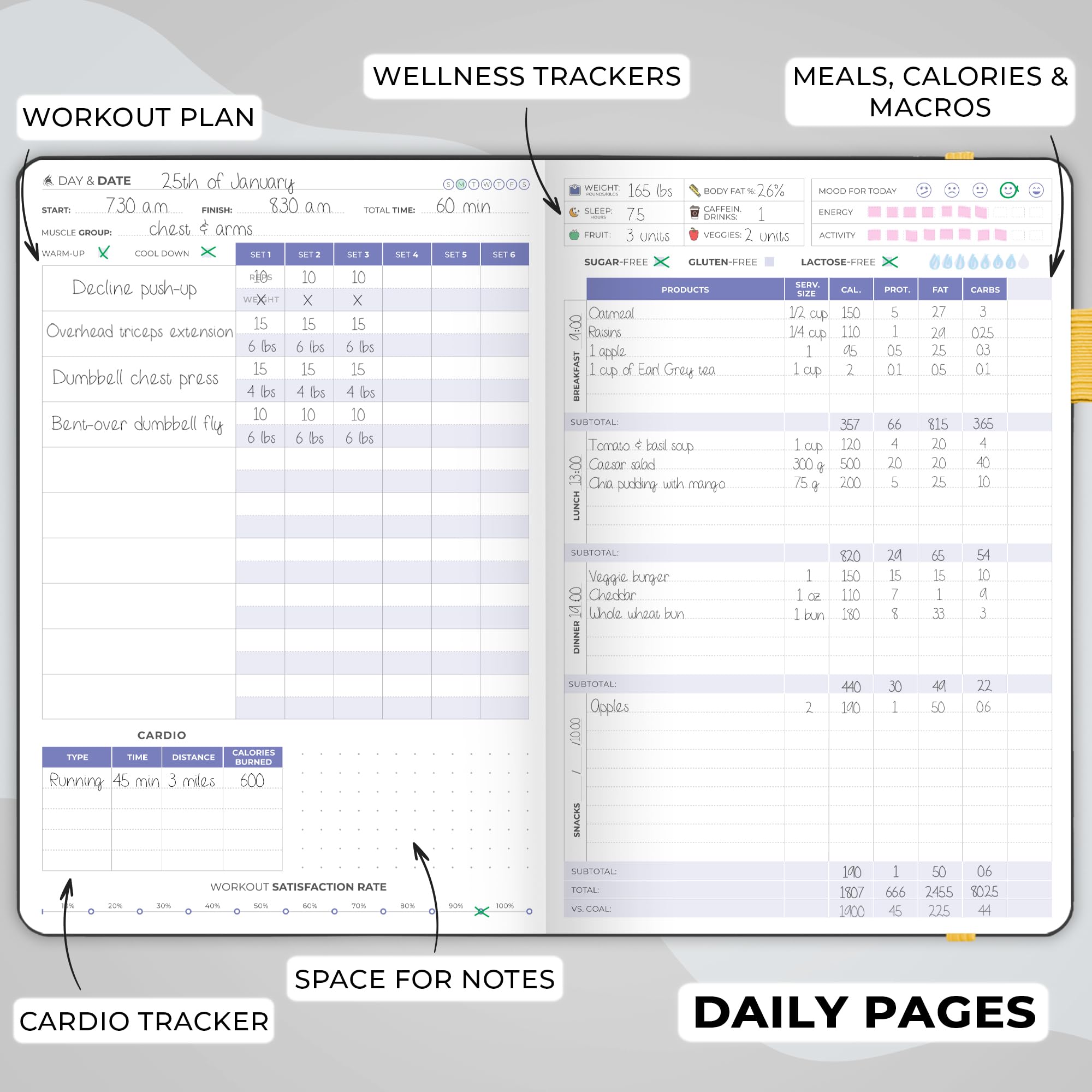 Clever Fox Fitness & Food Journal – Nutrition & Workout Planner for Women & Men – Diet & Gym Exercise Log Book with Calendars, Diet & Training Trackers - Undated, A5 Size, Hardcover (Grey)