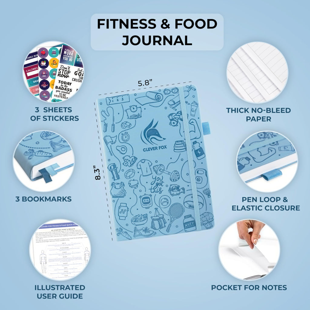 Clever Fox Fitness & Food Journal – Nutrition & Workout Planner for Women & Men – Diet & Gym Exercise Log Book with Calendars, Diet & Training Trackers - Undated, A5 Size, Hardcover (Grey)