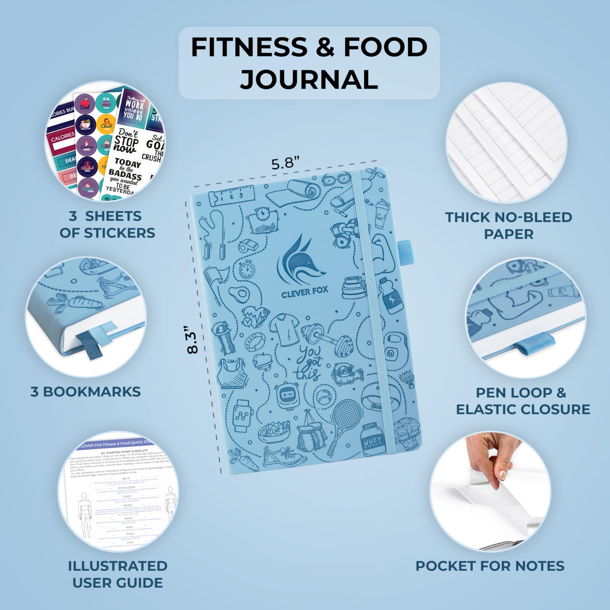 Clever Fox Fitness & Food Journal – Nutrition & Workout Planner for Women & Men – Diet & Gym Exercise Log Book with Calendars, Diet & Training Trackers - Undated, A5 Size, Hardcover (Grey)