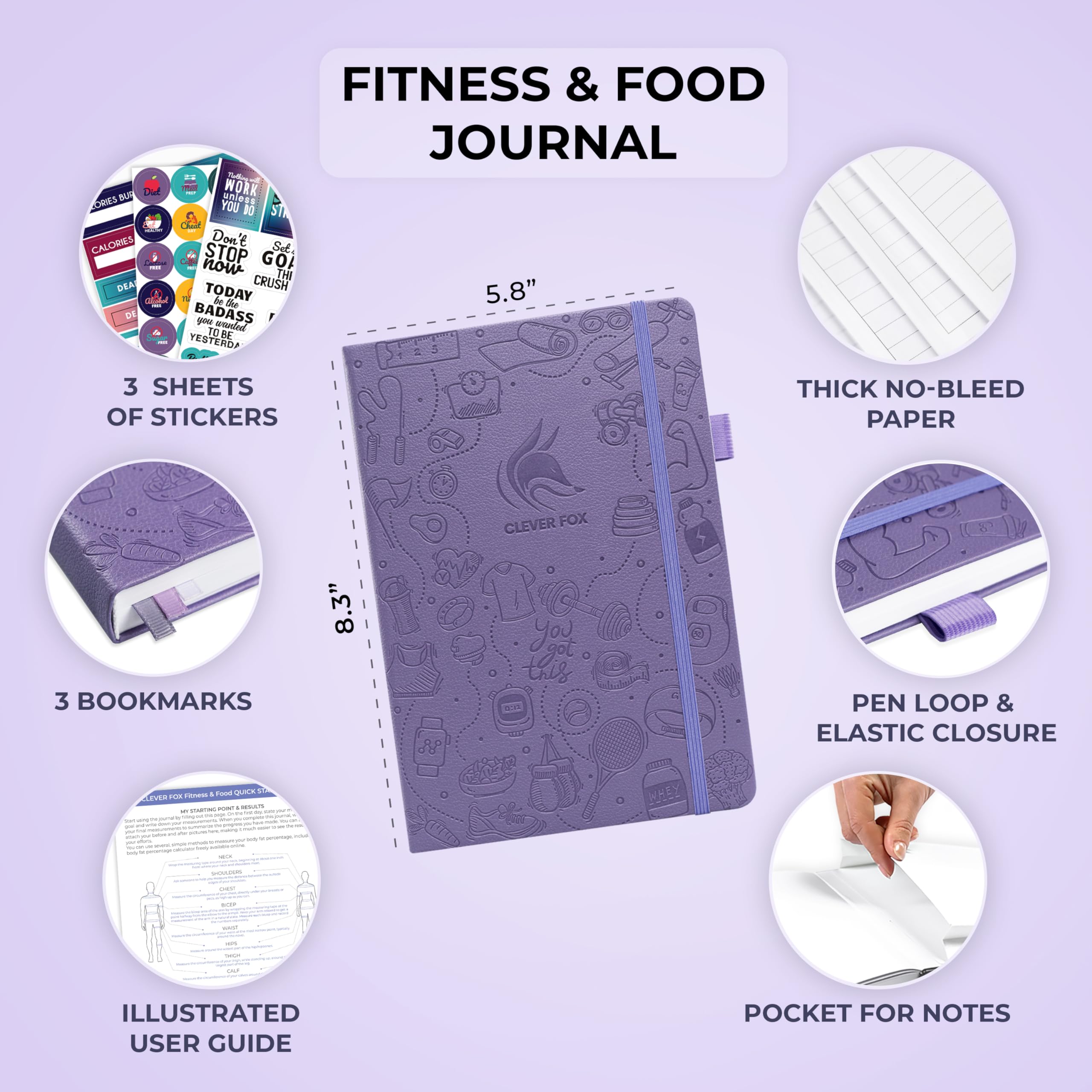 Clever Fox Fitness & Food Journal – Nutrition & Workout Planner for Women & Men – Diet & Gym Exercise Log Book with Calendars, Diet & Training Trackers - Undated, A5 Size, Hardcover (Grey)