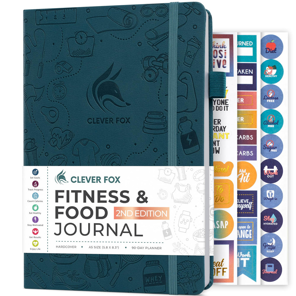 Clever Fox Fitness & Food Journal – Nutrition & Workout Planner for Women & Men – Diet & Gym Exercise Log Book with Calendars, Diet & Training Trackers - Undated, A5 Size, Hardcover (Grey)