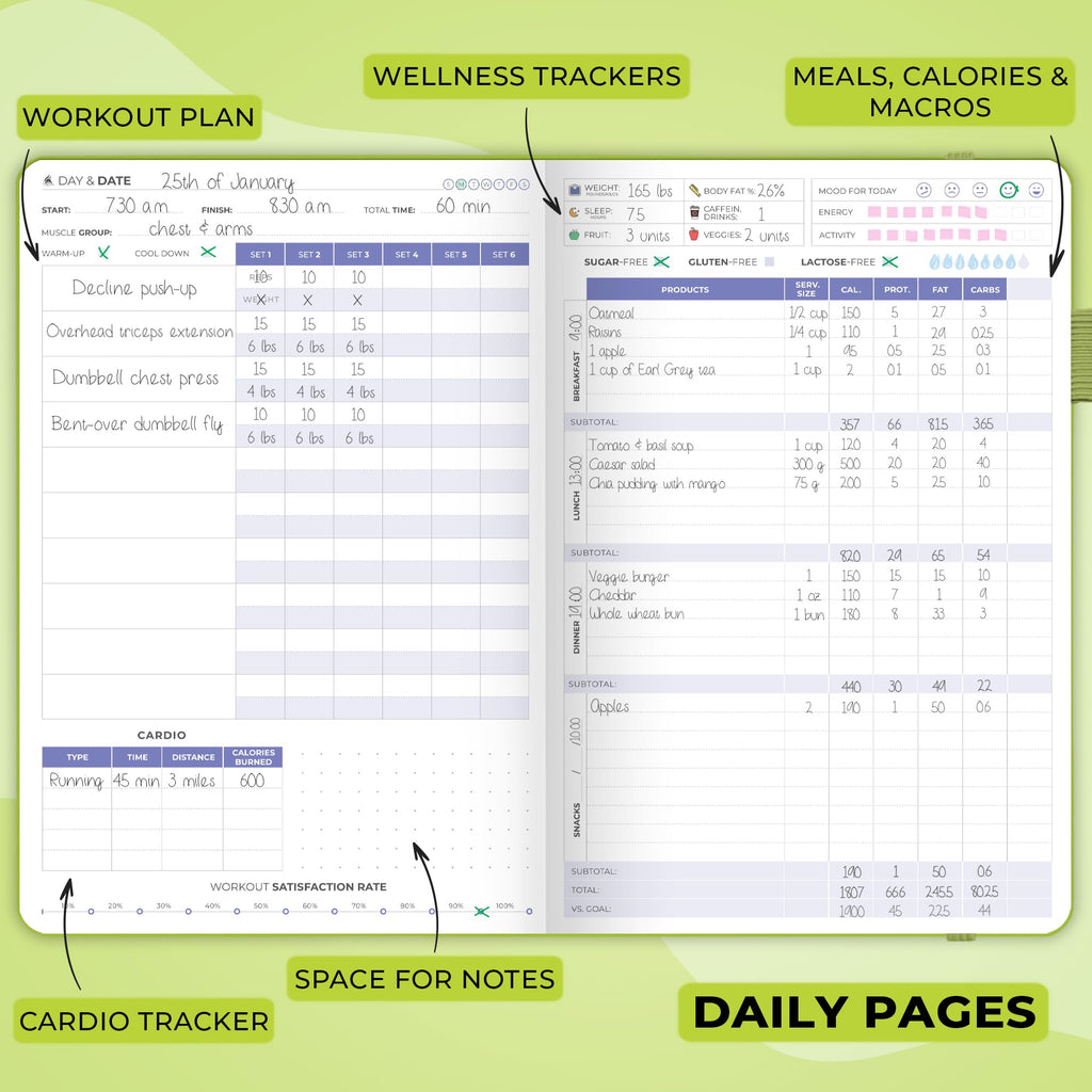 Clever Fox Fitness & Food Journal – Nutrition & Workout Planner for Women & Men – Diet & Gym Exercise Log Book with Calendars, Diet & Training Trackers - Undated, A5 Size, Hardcover (Grey)