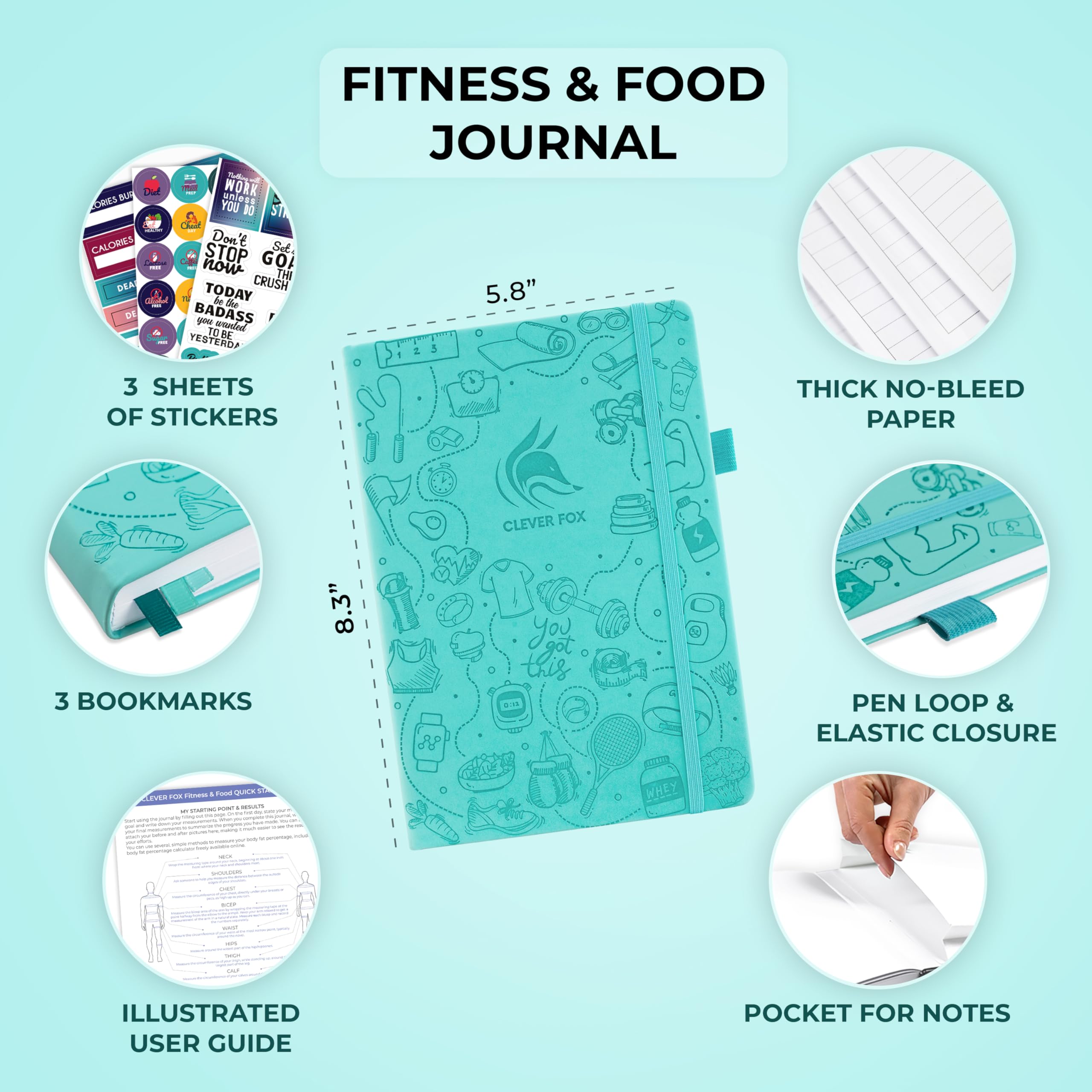 Clever Fox Fitness & Food Journal – Nutrition & Workout Planner for Women & Men – Diet & Gym Exercise Log Book with Calendars, Diet & Training Trackers - Undated, A5 Size, Hardcover (Grey)
