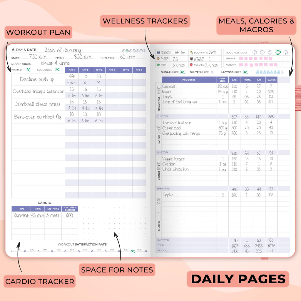 Clever Fox Fitness & Food Journal – Nutrition & Workout Planner for Women & Men – Diet & Gym Exercise Log Book with Calendars, Diet & Training Trackers - Undated, A5 Size, Hardcover (Grey)