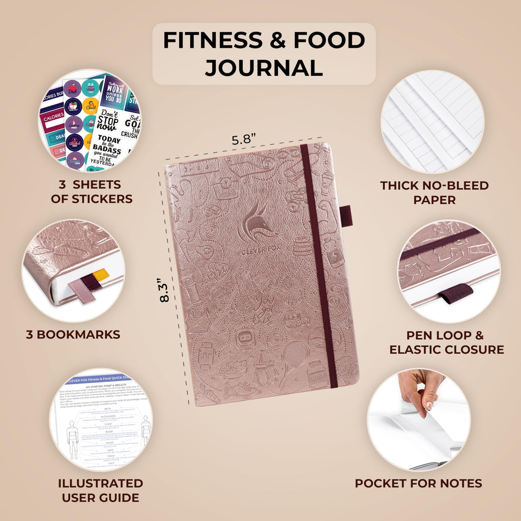 Clever Fox Fitness & Food Journal – Nutrition & Workout Planner for Women & Men – Diet & Gym Exercise Log Book with Calendars, Diet & Training Trackers - Undated, A5 Size, Hardcover (Grey)