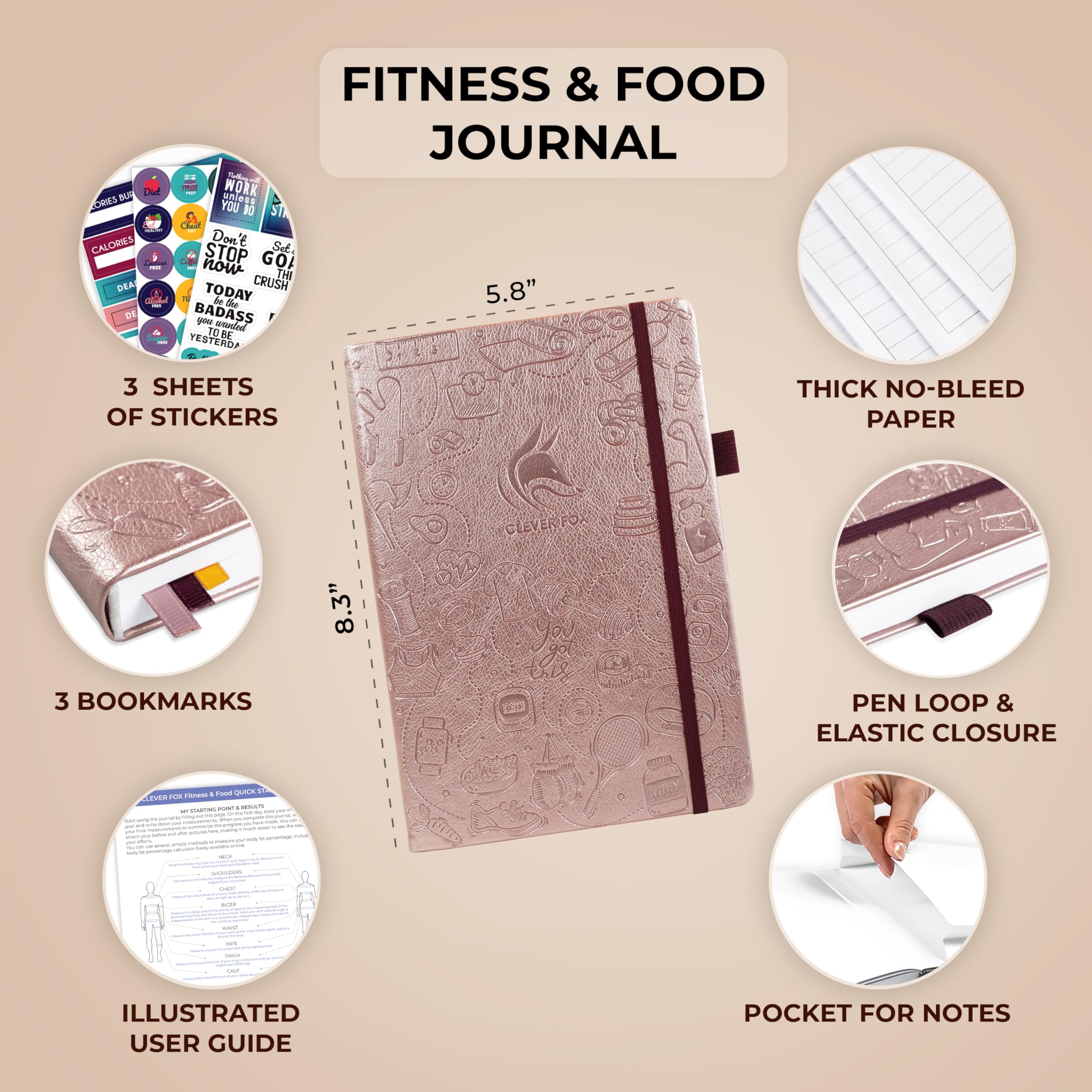 Clever Fox Fitness & Food Journal – Nutrition & Workout Planner for Women & Men – Diet & Gym Exercise Log Book with Calendars, Diet & Training Trackers - Undated, A5 Size, Hardcover (Grey)