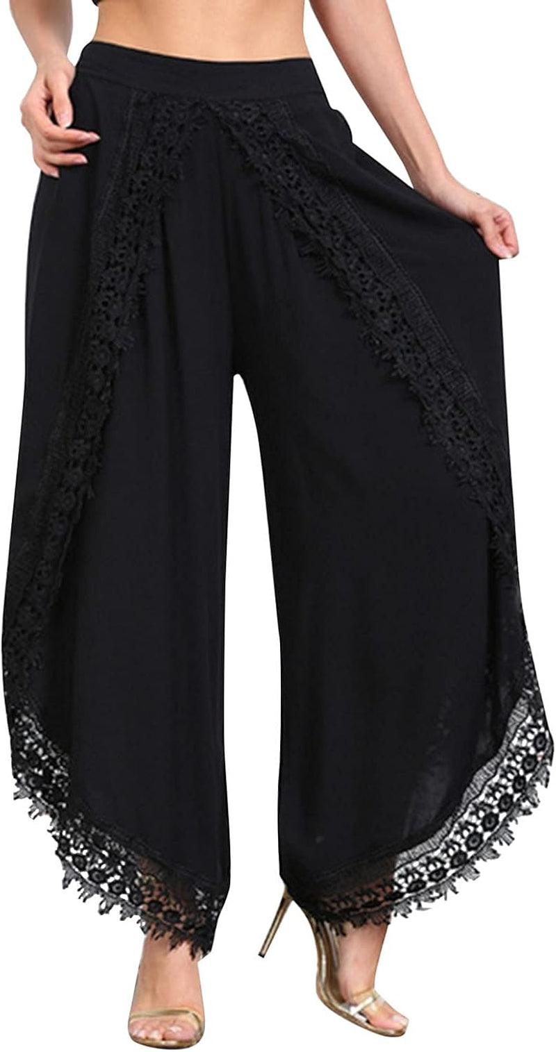 Plus Size Wide Leg Palazzo Pants for Women Casual Loose Lace Trim Cropped Haren Pants Elastic Waist Bloomers Black