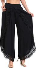 Plus Size Wide Leg Palazzo Pants for Women Casual Loose Lace Trim Cropped Haren Pants Elastic Waist Bloomers Black